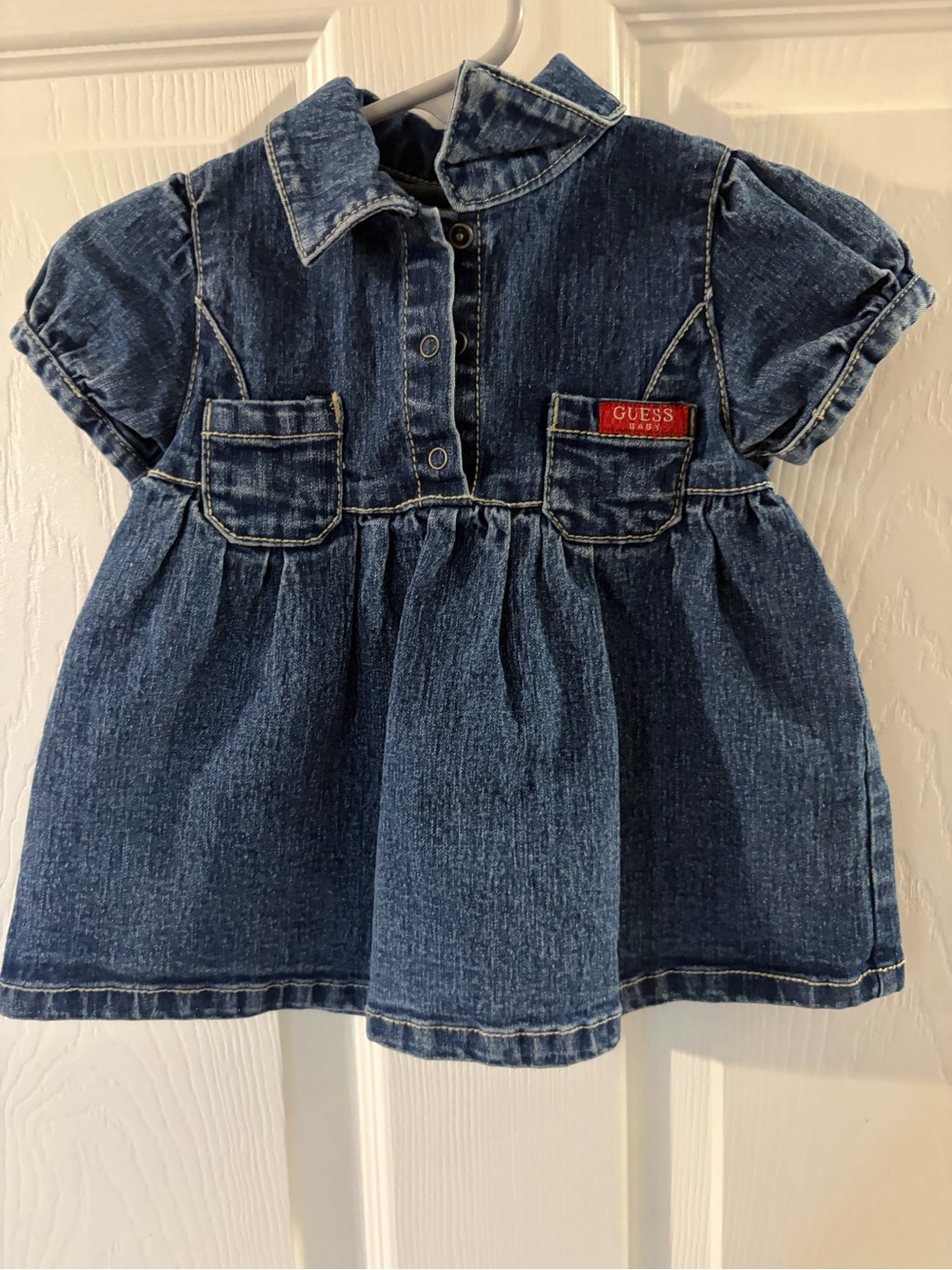 Vintage GUESS Girls' Dark Blue Denim Button-Front Dress with Logo Patch